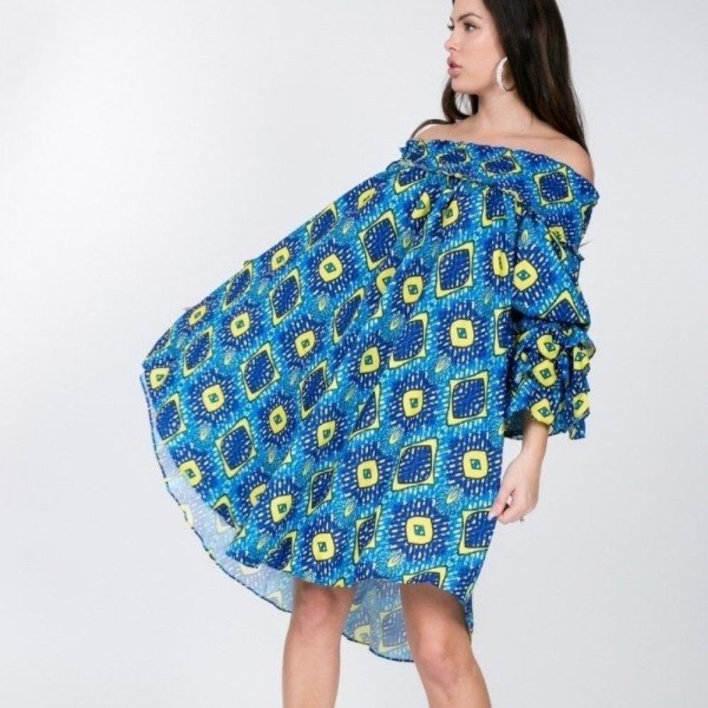 Women's Puffy Ruffle Sleeve Smocking Off Shoulder Print Midi Dress For Valentine